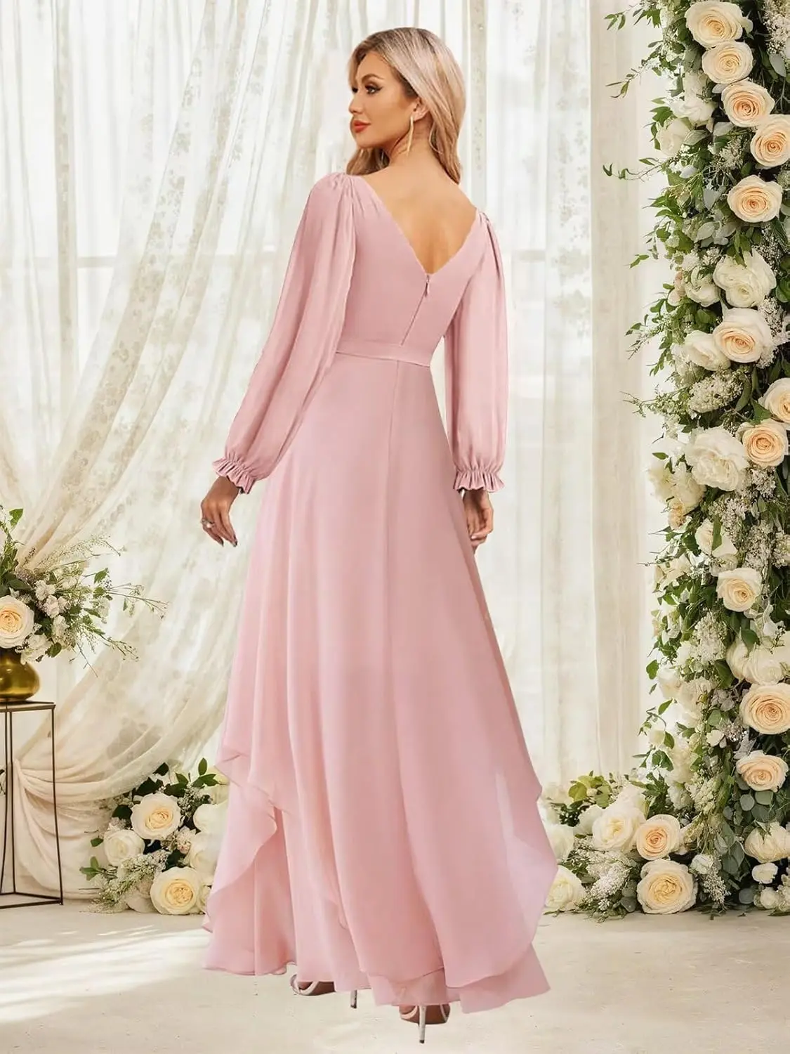 فساتين وصيفة الشرف طويلة الأكمام للنساء كشكش ماكسي الخامس الرقبة مطوي غير المتماثلة فستان رسمي من الشيفون