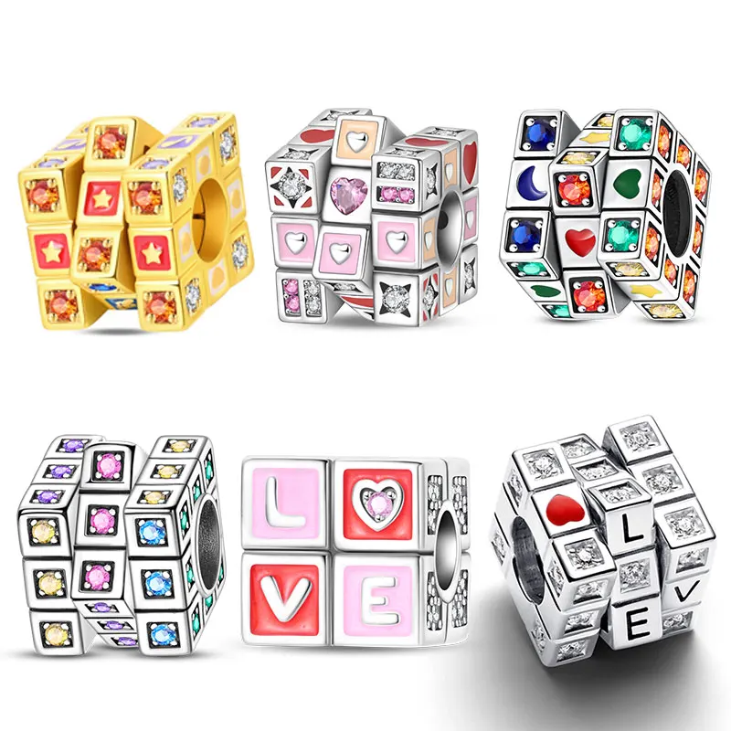 Pingente de Prata 925 Requintado com Cubo Mágico Rotativo, Compatível com Pulseira de Prata Original de 3mm, Joia Fina DIY para Mulheres, Presente, Oferta Imperdível