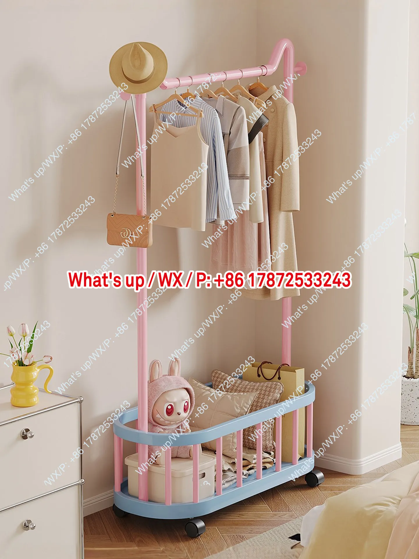 Ins style hanging clothes rack, floor to ceiling, small living room, household storage, hanging clothes rack, mobile