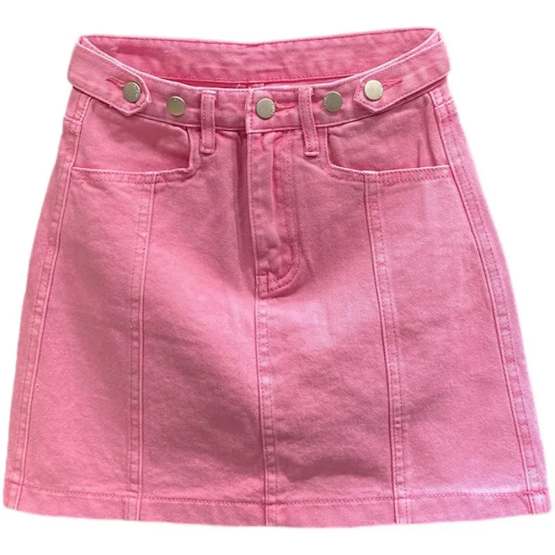 

2024 Summer New Pink Denim Skirt for Women's High Waisted Slimming A-line Short Skirt with Wrapped Buttocks