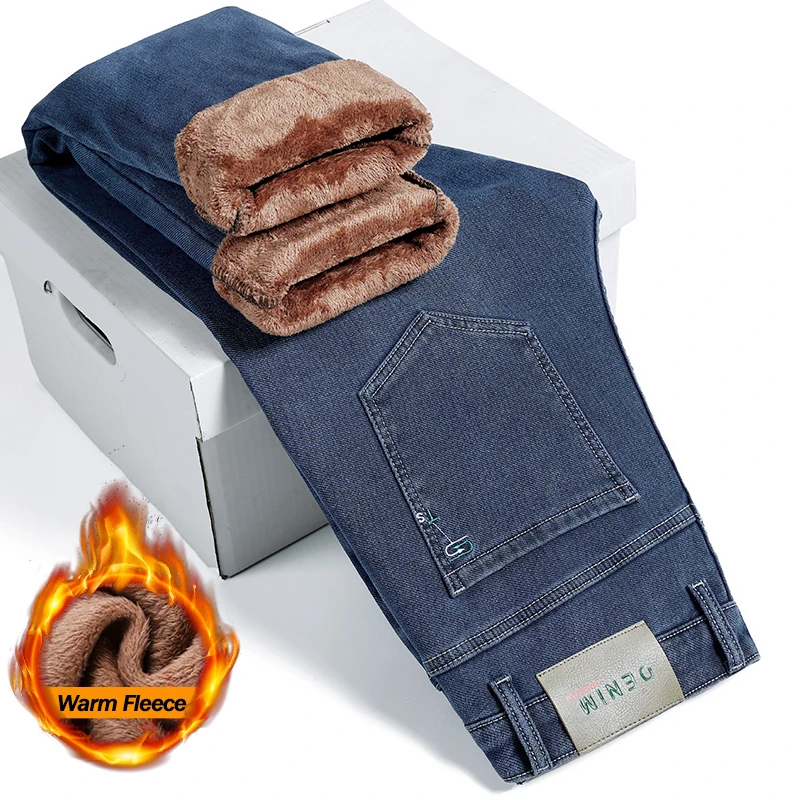 شتاء دافئ الرجال الجينز الصوف رشاقته سليم مطاطا مستقيم الدينيم السراويل الكورية موضة الشباب أفخم المخملية بناطيل كاجوال #1