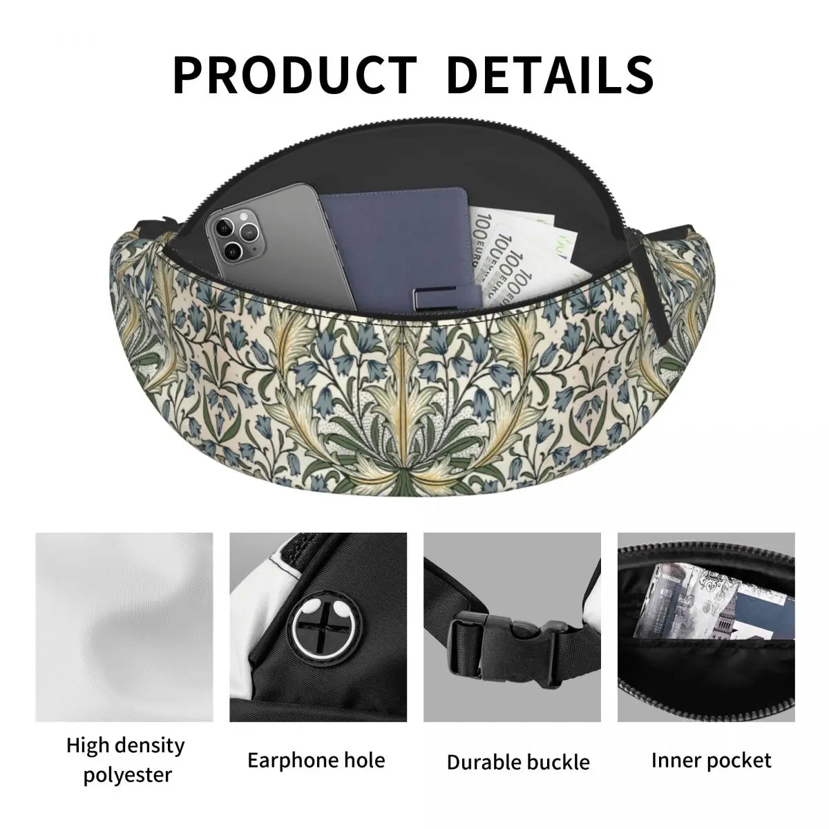 William Morris Fanny Pack Homens Mulheres Moda Floral Têxtil Padrão Crossbody Saco da cintura para viajar Telefone Money Pouch