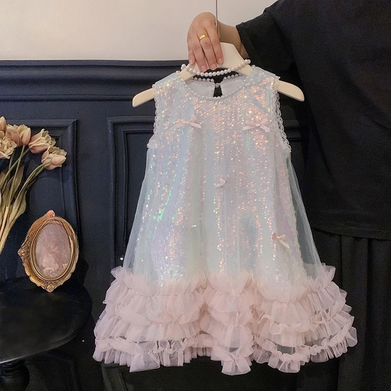 Ärmelloses Sommerkleid für Babys, Mädchen, Schmetterlings-Pailletten-Trägerrock, hochwertiges formelles Prinzessinnenkleid, Halloween, süßer Tüllrock