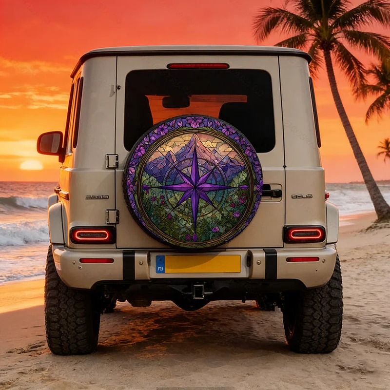 Vintage-style Colored Glass Compass Rose Pattern Car Tire Cover, Polyester Material Spare Tire Protection Sleeve
