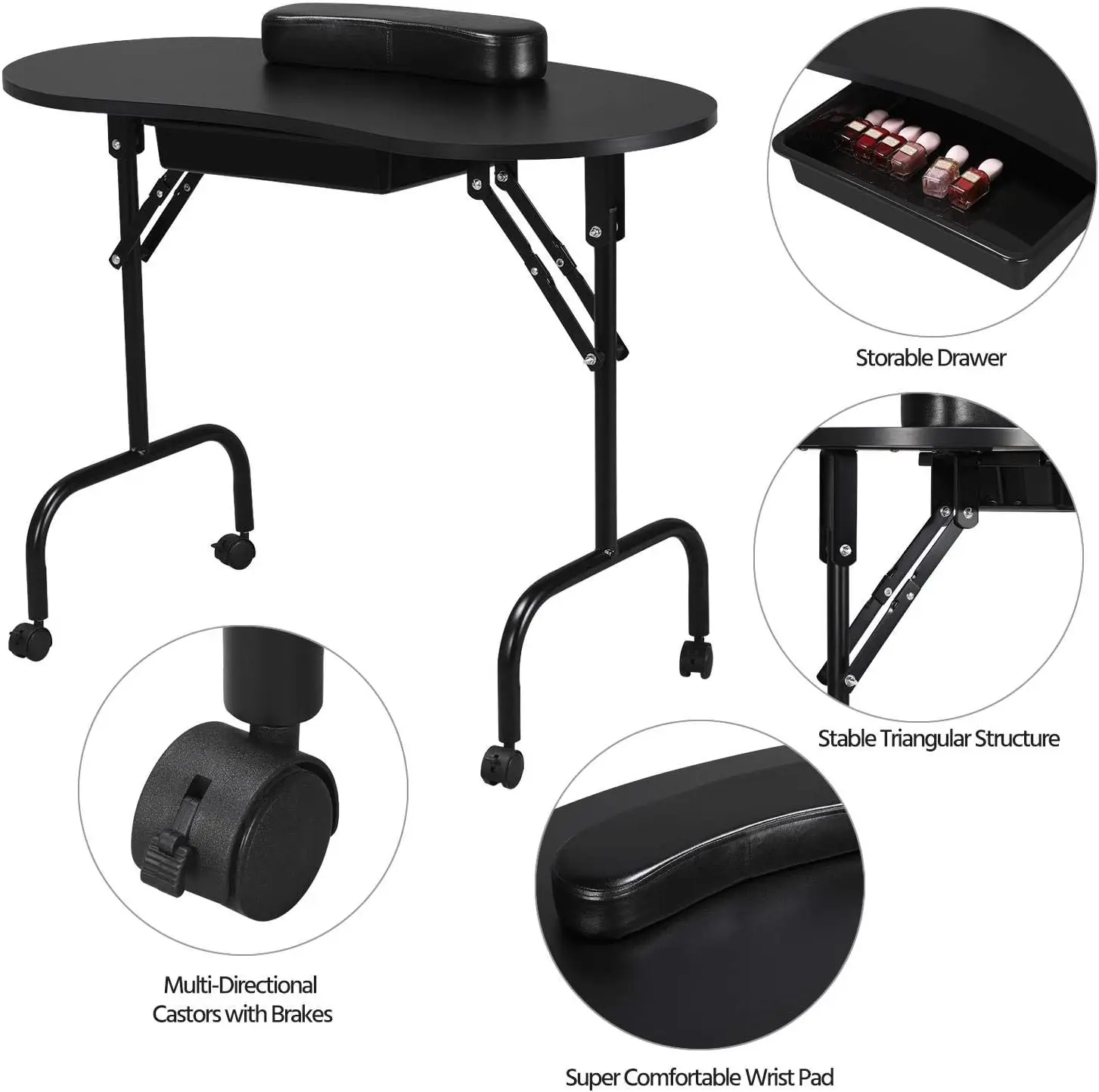 Table de manucure portable et pliable, bureau à ongles, poste de travail avec grand tapis de poignet client, roues contrôlables, transport, 37 po