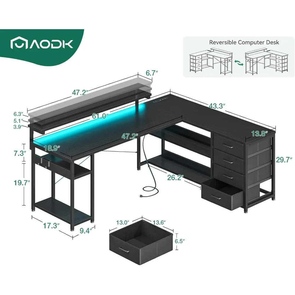 Mesa de computador em forma de L com gaveta, tomadas elétricas, luzes LED e prateleira para monitor. para escritório doméstico. Mesa de canto reversível para jogos