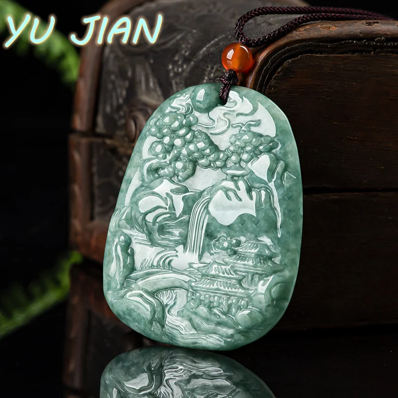 

Emerald A Goods Bean Green Shanshui Pendant Jewellery Hand-Carved Real Jade Sweater Chain for Women Men Charm Accessories Gift