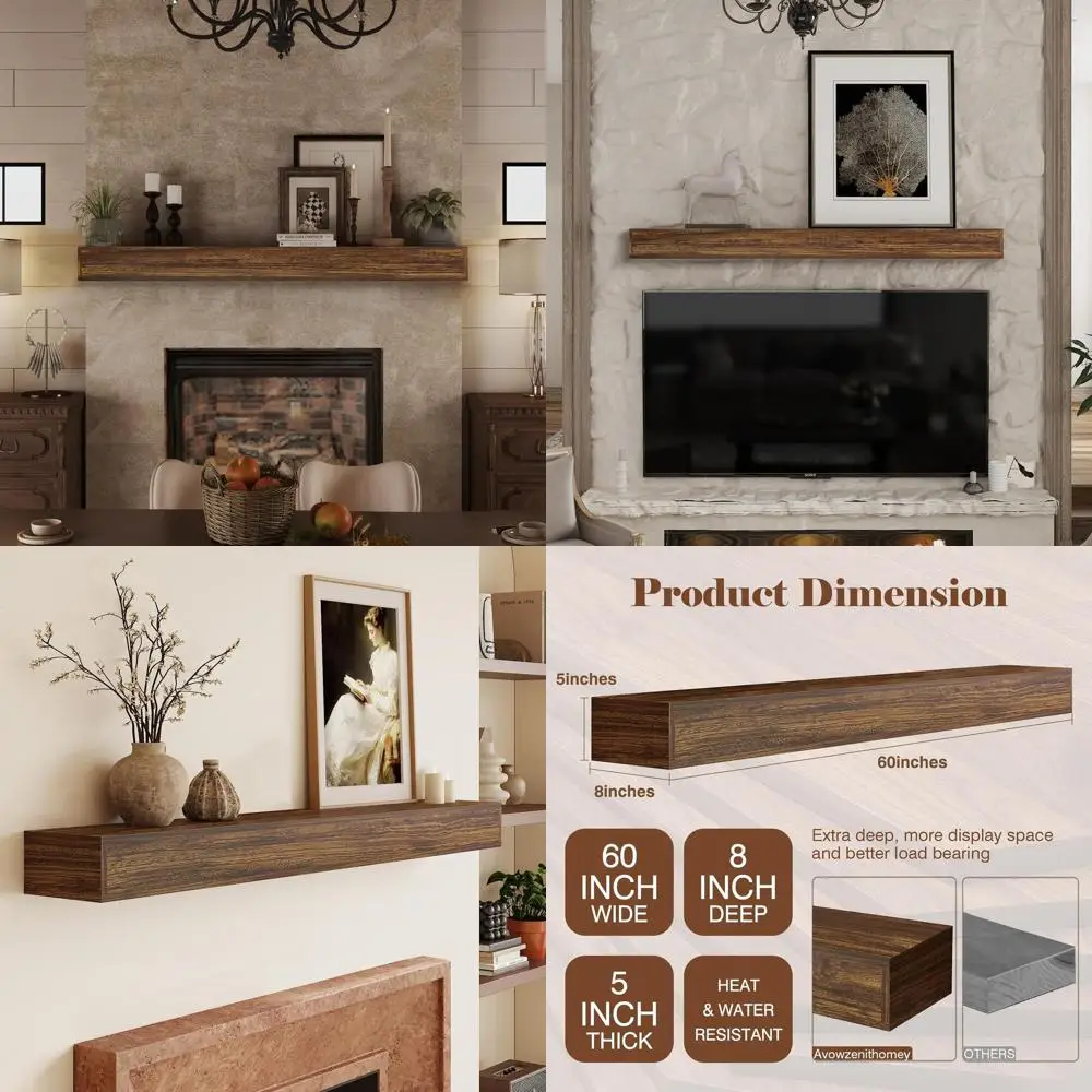 

Навесная полка из массива дерева 60 дюймов со скрытыми кронштейнами для декора дома, спальни, телевизора, гостиной (коричневая)