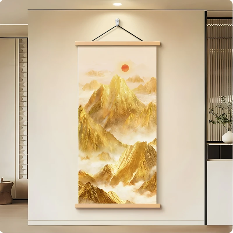 Wall Art Rising Sun and Golden Mountain Peaks Modern Luxe Pearlescent Canvas Hanging Scroll with Wooden Rods for Entryway