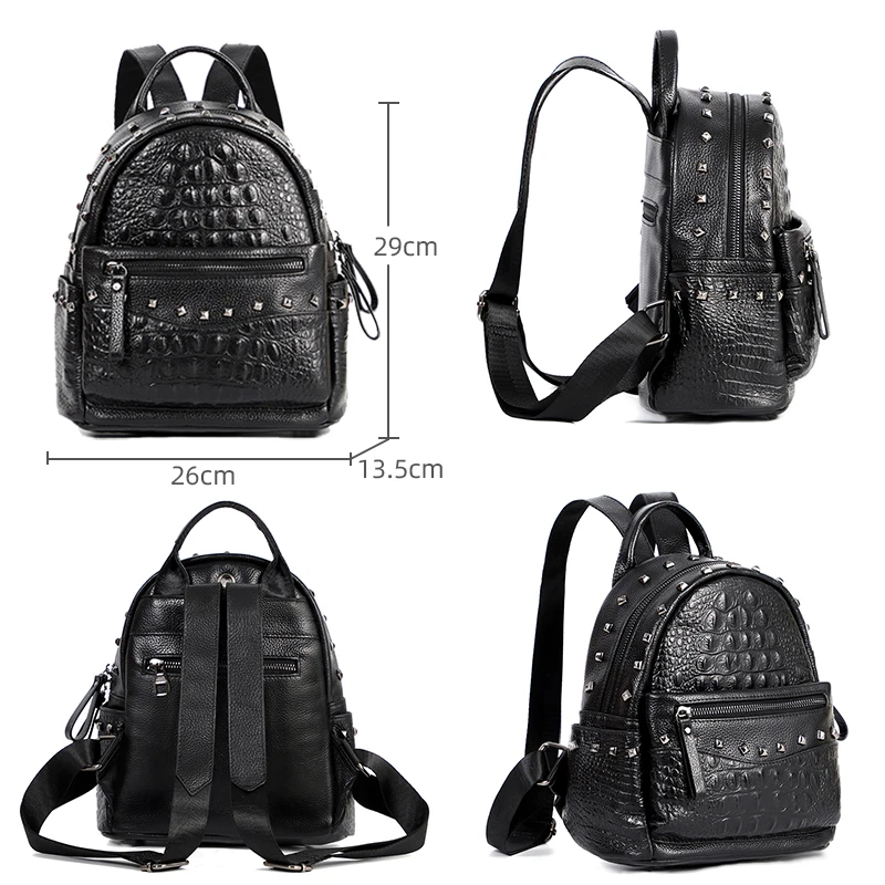 100% Real Leather Women Backpack Rivet Female Daily Crocodile Pattern School Bag for Girls Teenagers Travel Bag Leather rucksack