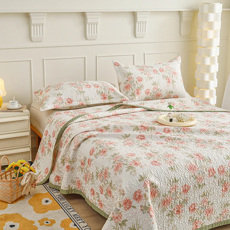 

3-Piece Quilted Bedspread Set Floral Printed 100% Cotton Quilt Queen Size 1PC Lightweight Coverlet All Season Bedding