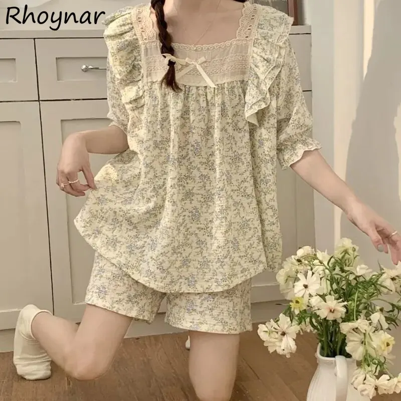 Ruffles Pajama Sets Women Summer Vintage Printed Square Collar Short-sleeve Loose Aesthetic Literary Sleepwear Gentle Girlish