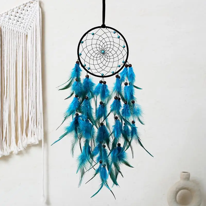 Light Blue Dreamcatcher Indian Feather Hanging Art With Rattan Beads Wall Art Gifts Bestie Friends Creative Valentine's Day Gift