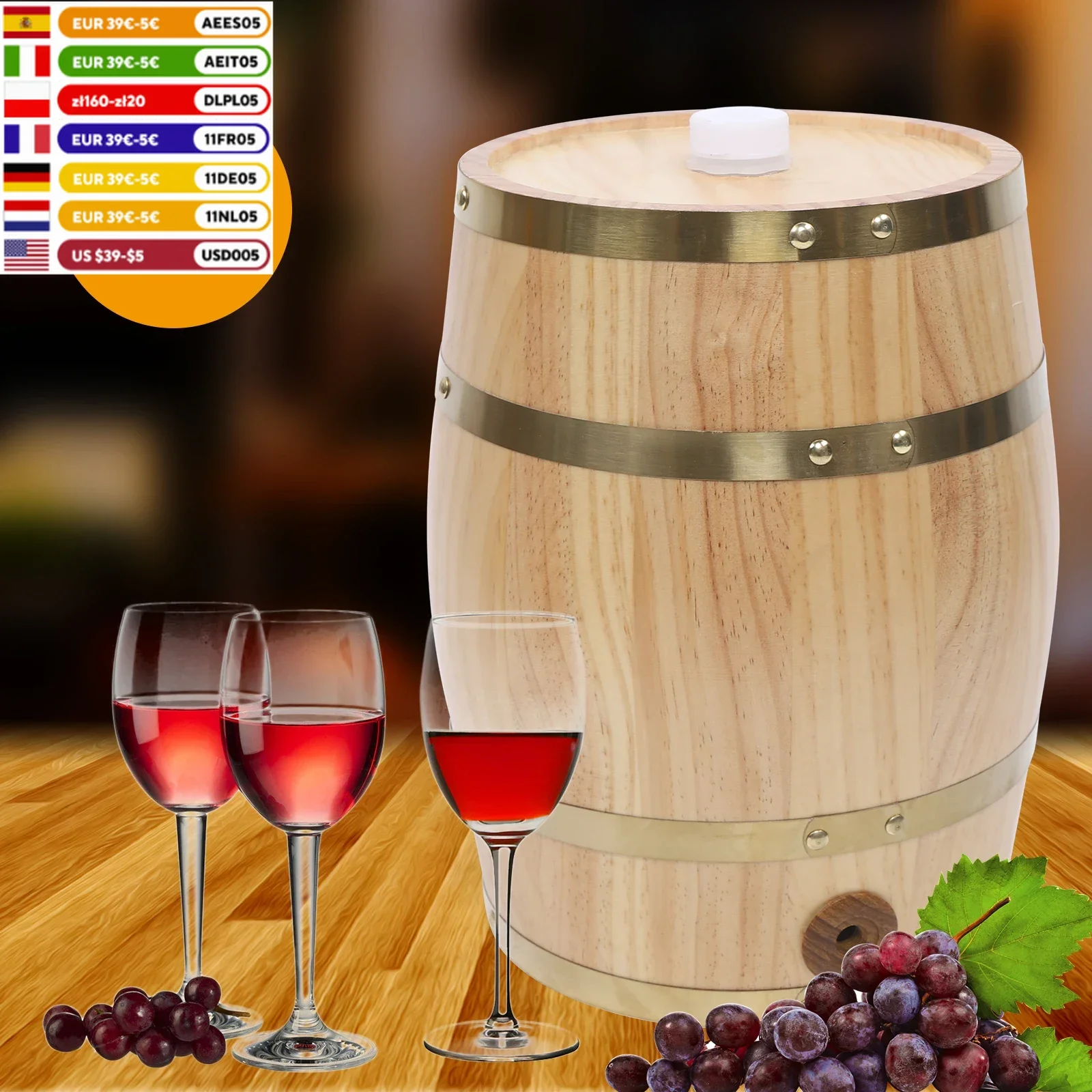 10L Vertical Pine Wine Barrel Wooden Brandy Whisky Grape Wine Barrel Sterile Aluminum Foil Lining Storage Container for Home Bar