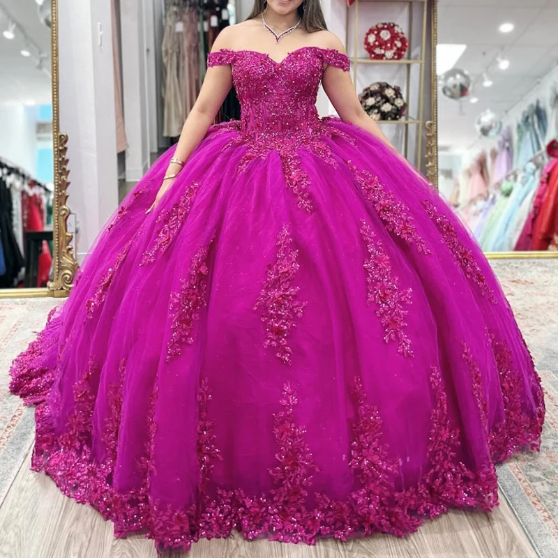 

Rose Red Shiny Quinceanera Dresses Ball Gown Off The Shoulder Applique Lace Beading CrystalsTull Corset Sweet 16 Dress Vestido D