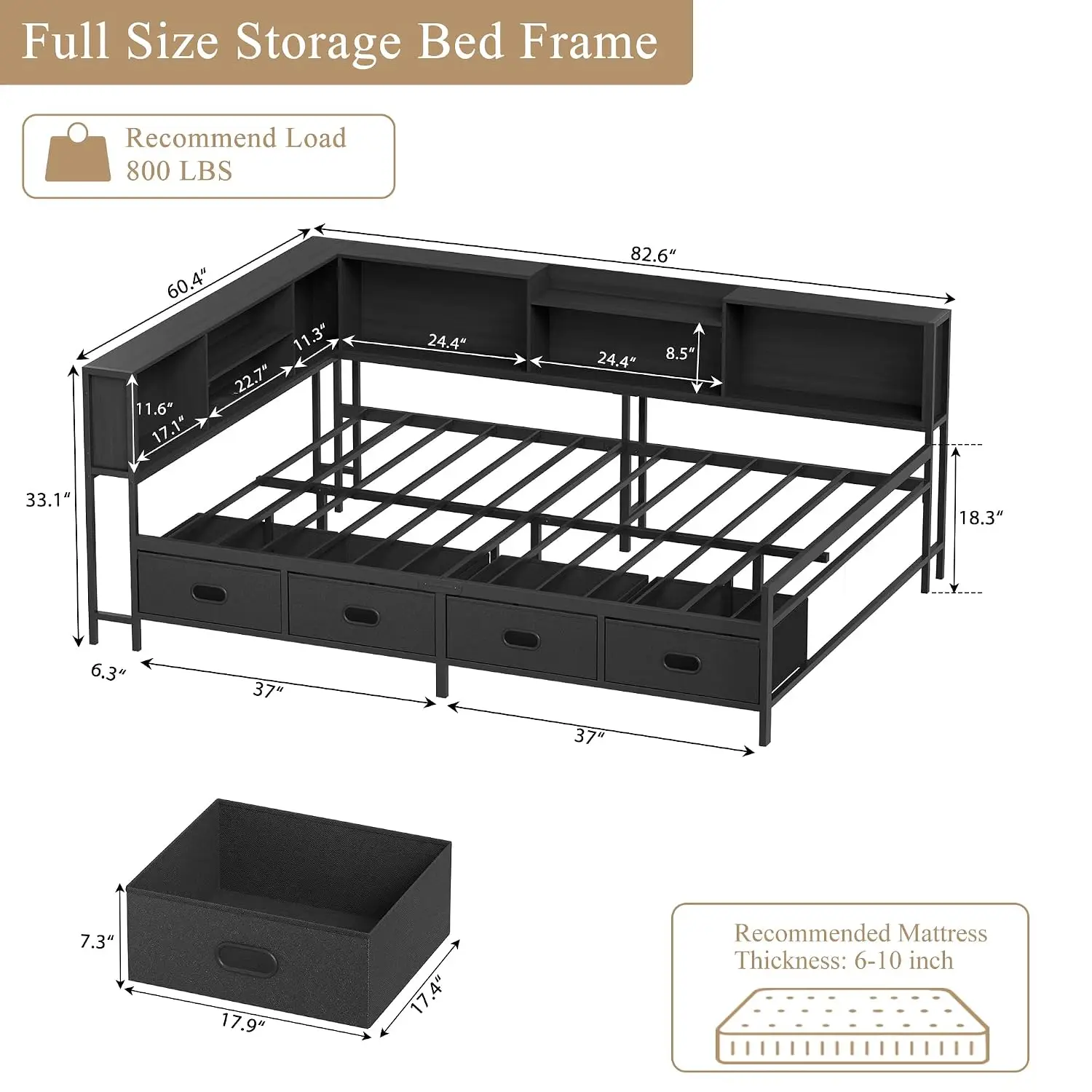 Full Corner Bed Frame LED Lights Charging Station Bookcase Headboard Metal Platform Storage Drawers Daybed Teens, Customized