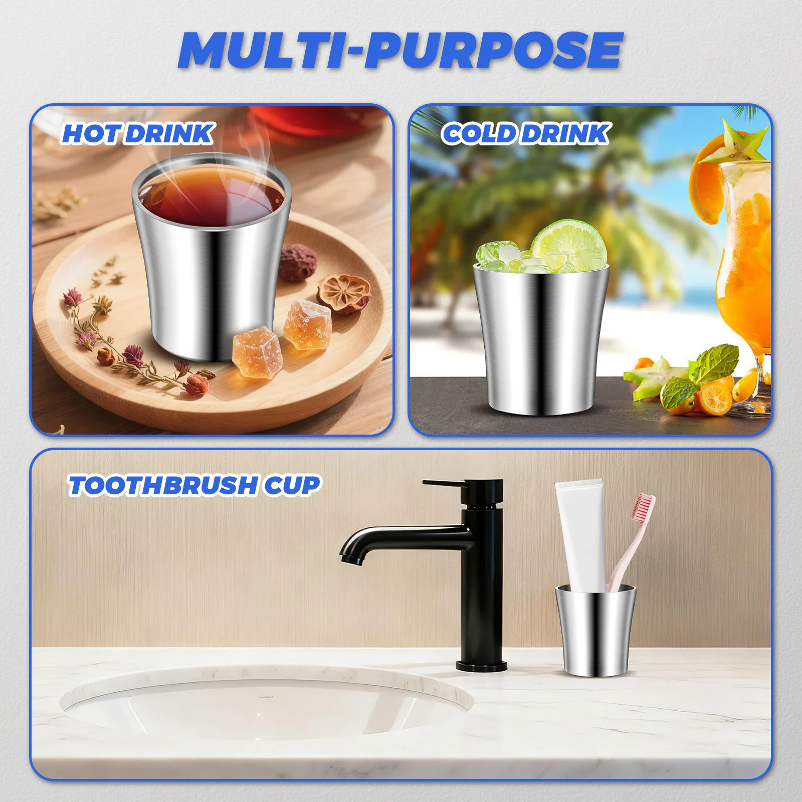 Metal Drinking Cups Stainless Steel Bathroom Toothbrush Holder Travel Stackable Unbreakable Water Tumblers Insulated Mouth Rinse