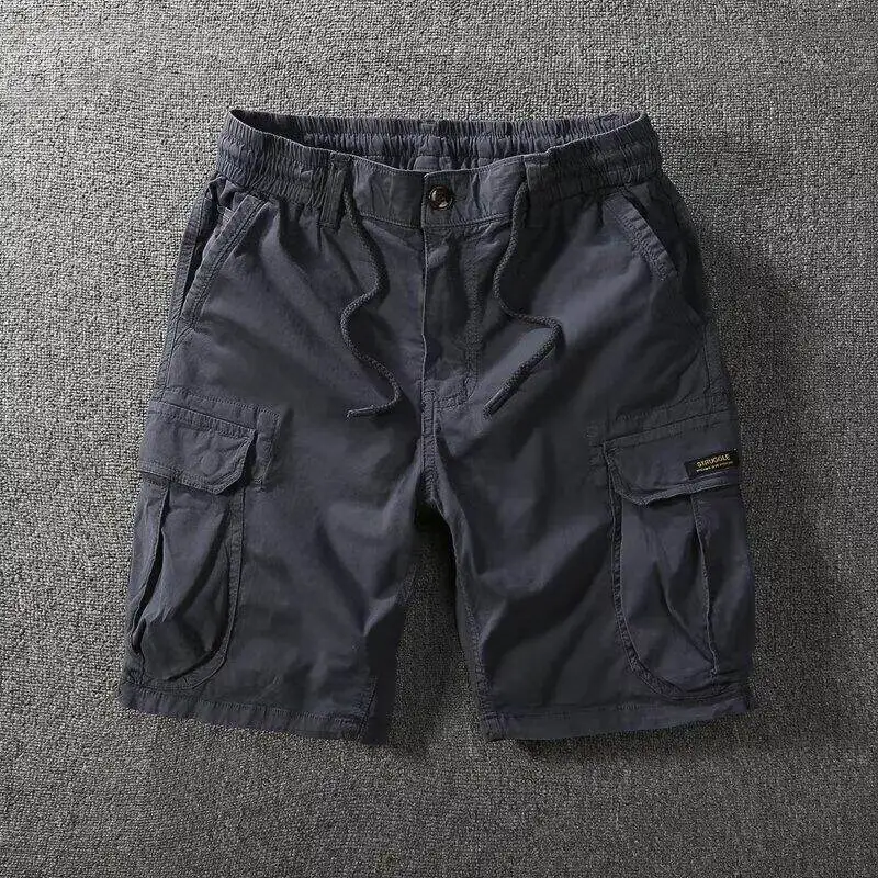 Heavyweight Japanese Style Pure Cotton Summer Casual Five-Quarter Shorts Men's Straight Leg Elastic Waist Workwear Large Pock...