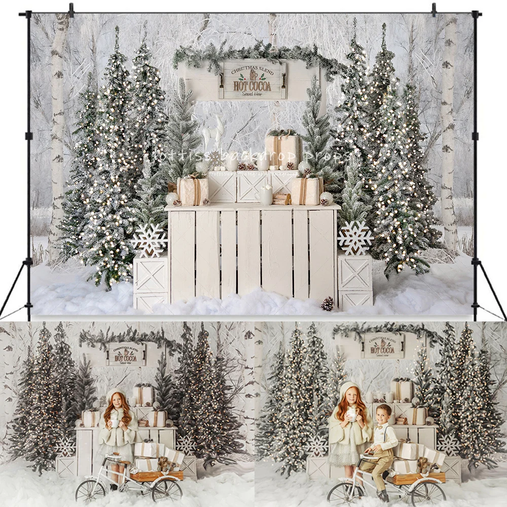 Creamy Cocoa Stand Backdrops Xmas Snowy Kids Baby Portrait Photography Family Photocall Christmas Forest Snowflake Background