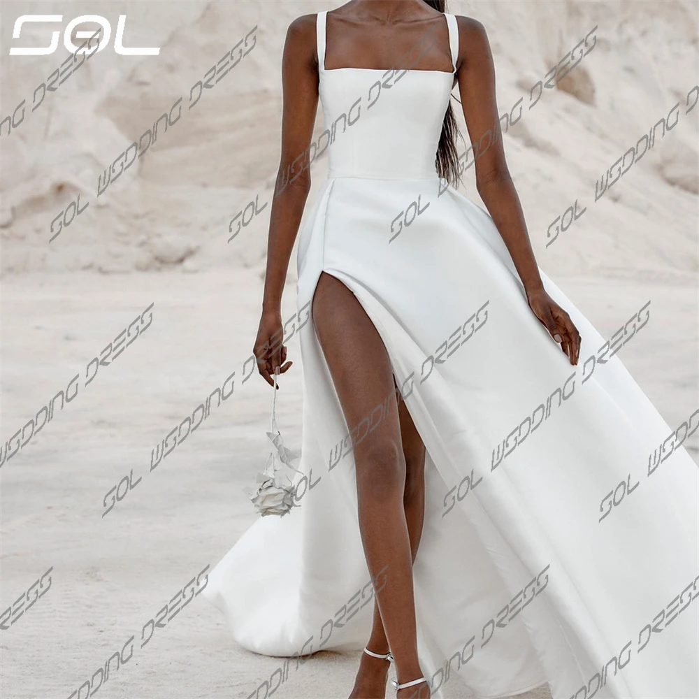 SOL Simple Spaghetti Straps colletto quadrato spacco laterale abito da sposa Backless Satin abiti da sposa lunghi fino al pavimento Sexy su misura