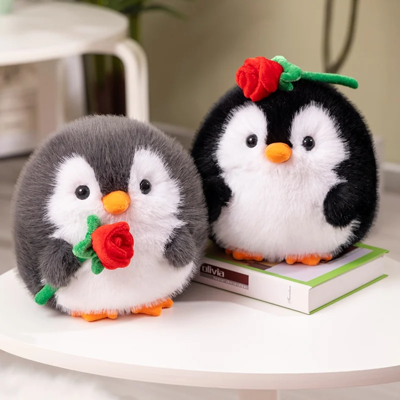 20cm Ball Penguin Pillow Stuffed Long Plush Kawaii Animal Grey Black Cartoon Plushie Peluche Holding Red Rose Flower Gift