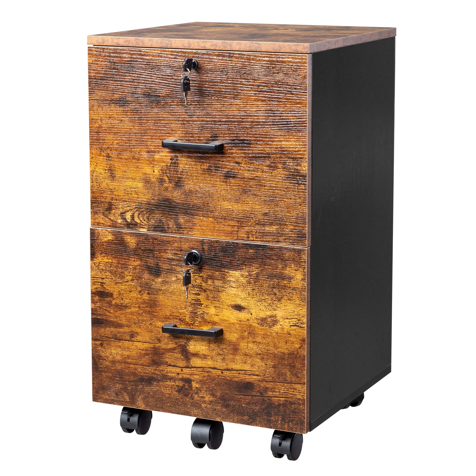 

2-Drawer Rolling Wood File Cabinet with Lock, Brown & Black