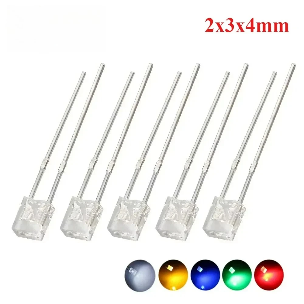 100PCS 2x3x4 LED Diode Ultra Bright Transparent Light Emitting Diodes Kit White Green Red Yellow Blue LEDs 2*3*4mm Lighting Lamp