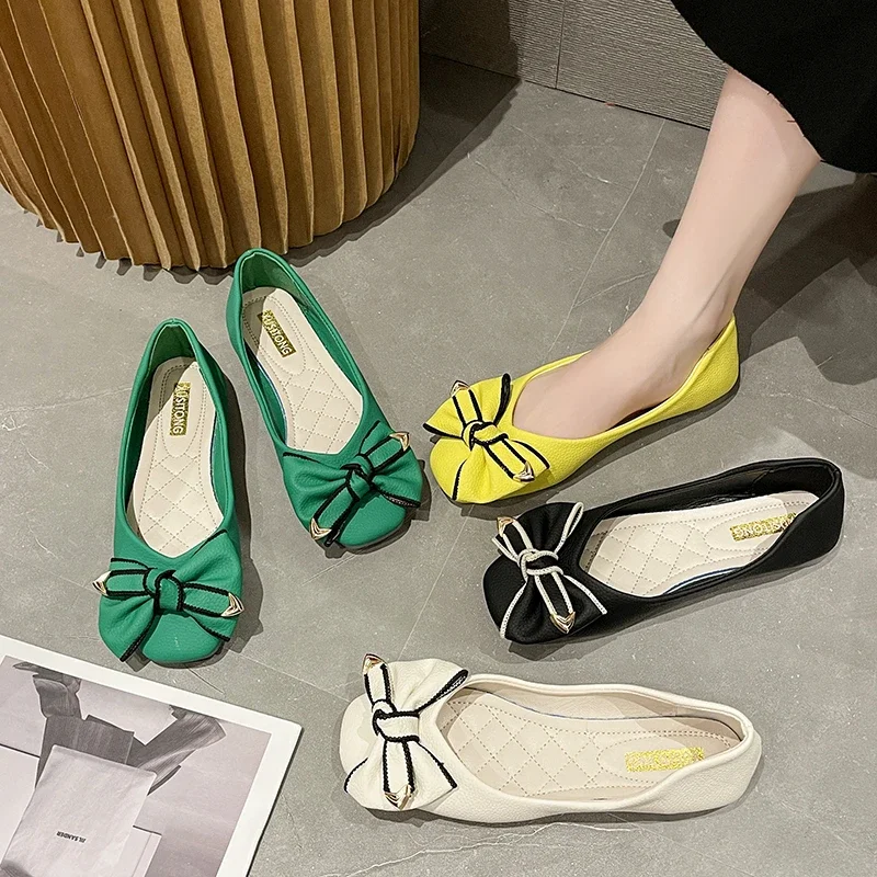 Western-style Green Bow Shoes Women\'s 2023 Spring and Autumn New Soft Bottom Comfortable All-match Shoes Loafers Women DRESS