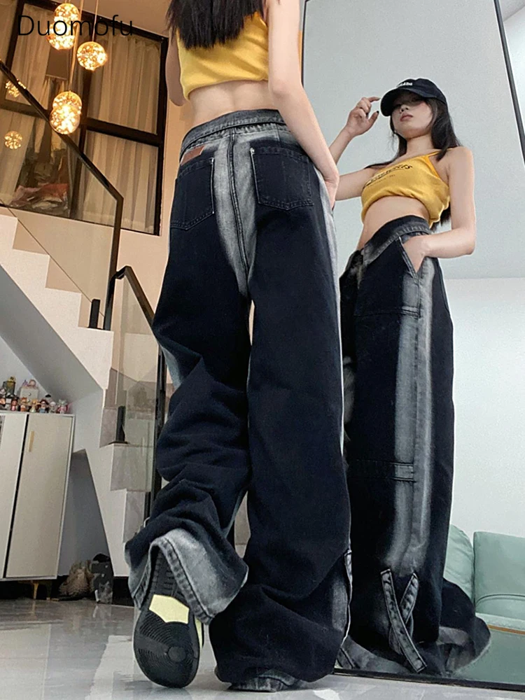 Duomofu Hem Design Dark Grey Baggy Jeans Female Summer Unisex Style Loose High Waist Straight Tube Casual Denim Pants Women