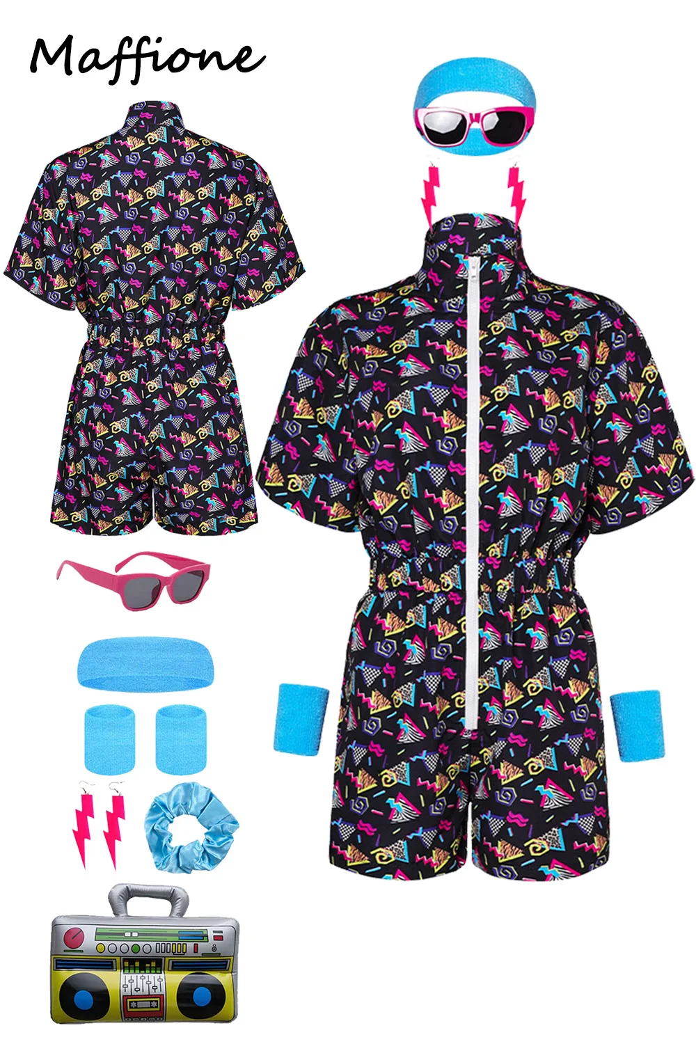 

Hip Hop Disco Cosplay 80S Retro Summer Tracksuit Costume Adult Vintage Disguise Earrings Hairband Props Unisex Halloween Suit