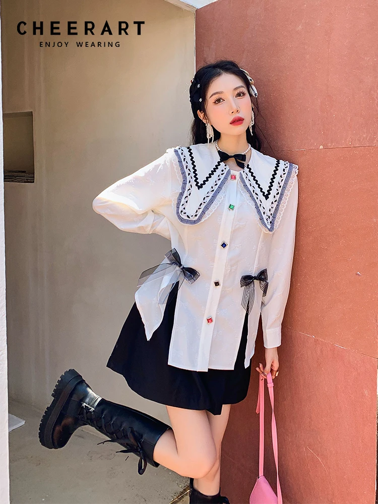 

CHEERART Jacquard White Lace Layer Collar Korean Fashion Shirt For Women Long Sleeve Top And Blouse Bow Cute Shirt Fall 2022