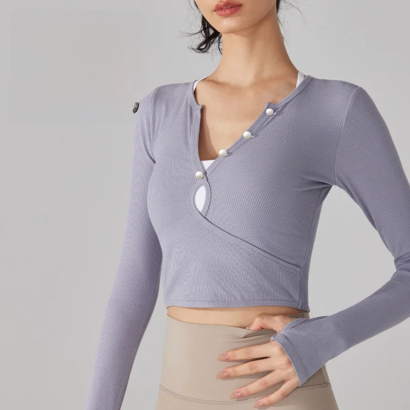 نينغبو المرأة طويلة الأكمام اليوغا تي شيرت تويست مشبك العميق الخامس الرقبة اللياقة البدنية الجري العلوي التجفيف السريع الخريف الشتاء ملابس رياضية