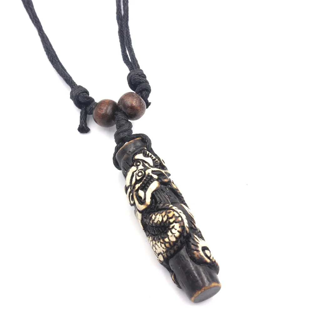 Cool Dragon Necklace Imitation Yak Bone Carved Chinese Dragon Totem Charms Pendant Necklace Amulet Gift Jewelry