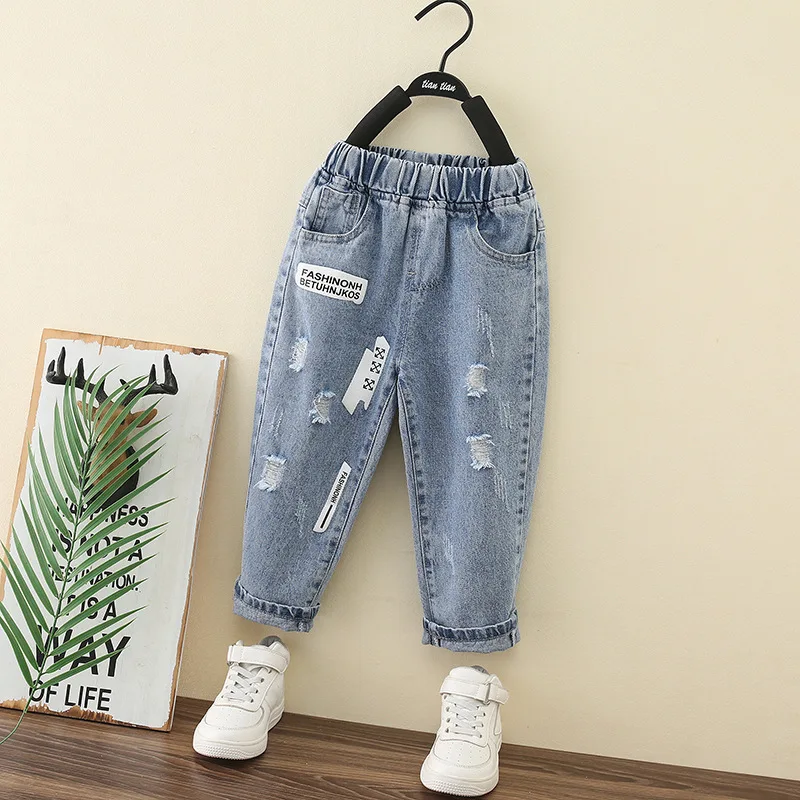 Children's Ripped Jeans Pants Spring and Autumn Clothes Casual Boys Straight Pants Baby Girls Trousers Size: 90-140