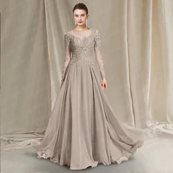 Vestido elegante personalizado para madre de la novia, manga larga, encaje, gasa, línea A, vestidos de invitados de boda de verano, vestido de fiesta, barrido Tra