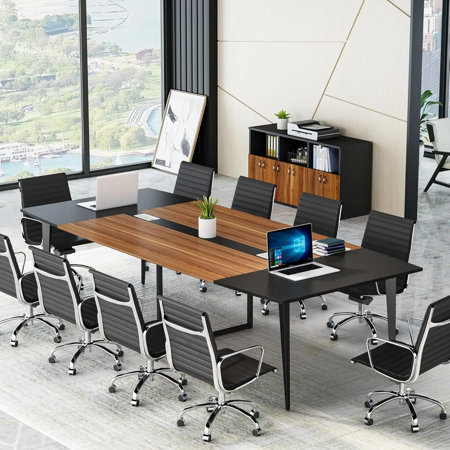 Conference Table 94.48L x 47.24W x 29.52H Inches Boat Shaped Meeting Table with Rectangle Grommet Modern Seminar Boardroom Table