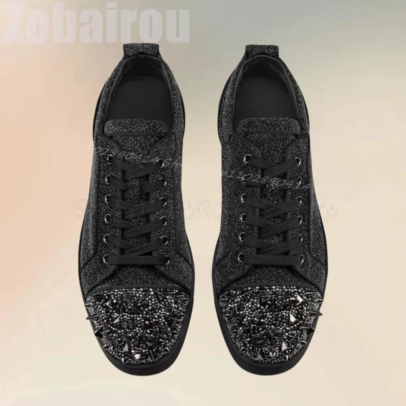 Black Spikes Glitter Seuins Decor Men Sneakers Fashion Cross Tied Men Shoes Luxury Handmade Party Feast Banquet Men Casual Shoes