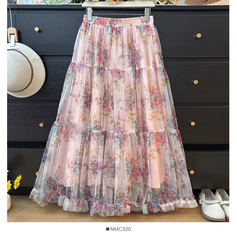 Chic Pink Floral Print Tulle Tiered Skirt High Waist Pink Flowy Chiffon Puff Cake A-line Skirt For Women Summer Beach Cute Daily