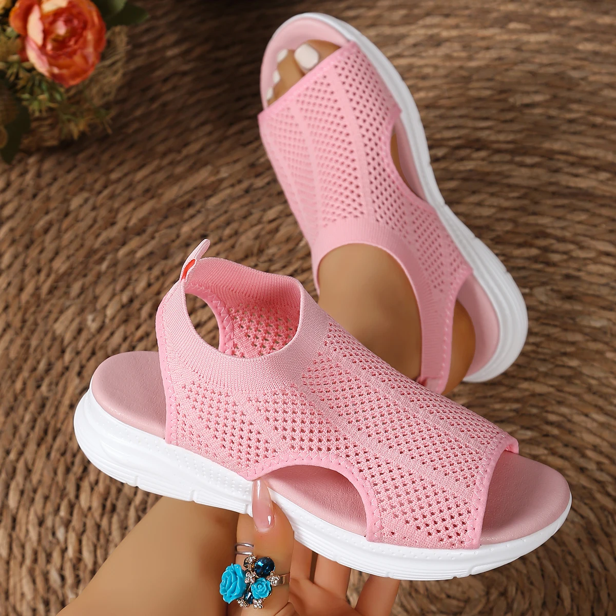 Women Sandals Breathable Knit Open Toe Shoes Comfortable Slip-On Sandals Low Heel with Durable Rubber Sole Shoes for Women image 6