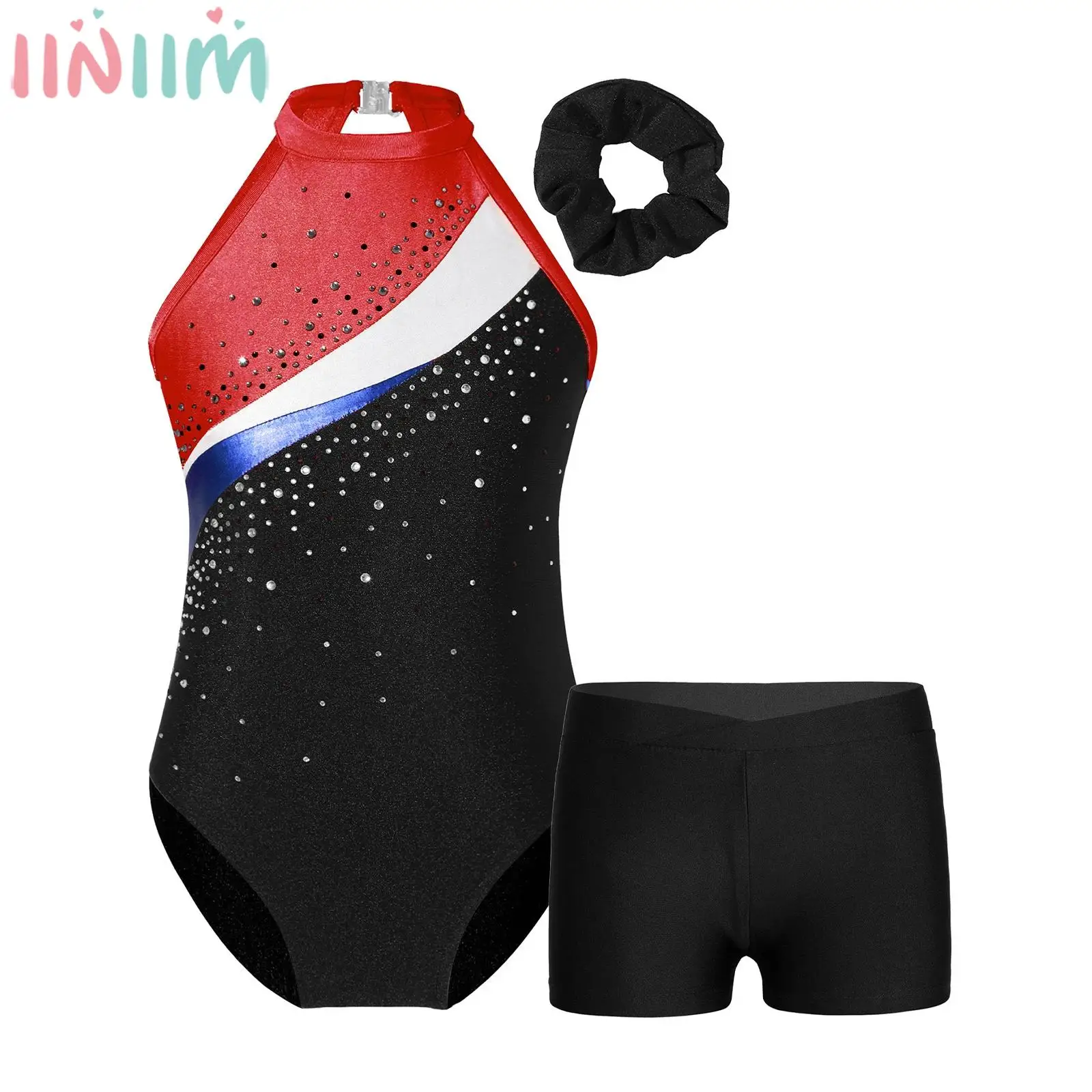 Children Girls Ballet Dance Leotard with Hair Band Shorts Gymnastics Figure Skating Acrobatics Bodysuit Yoga Fitness Sportswear