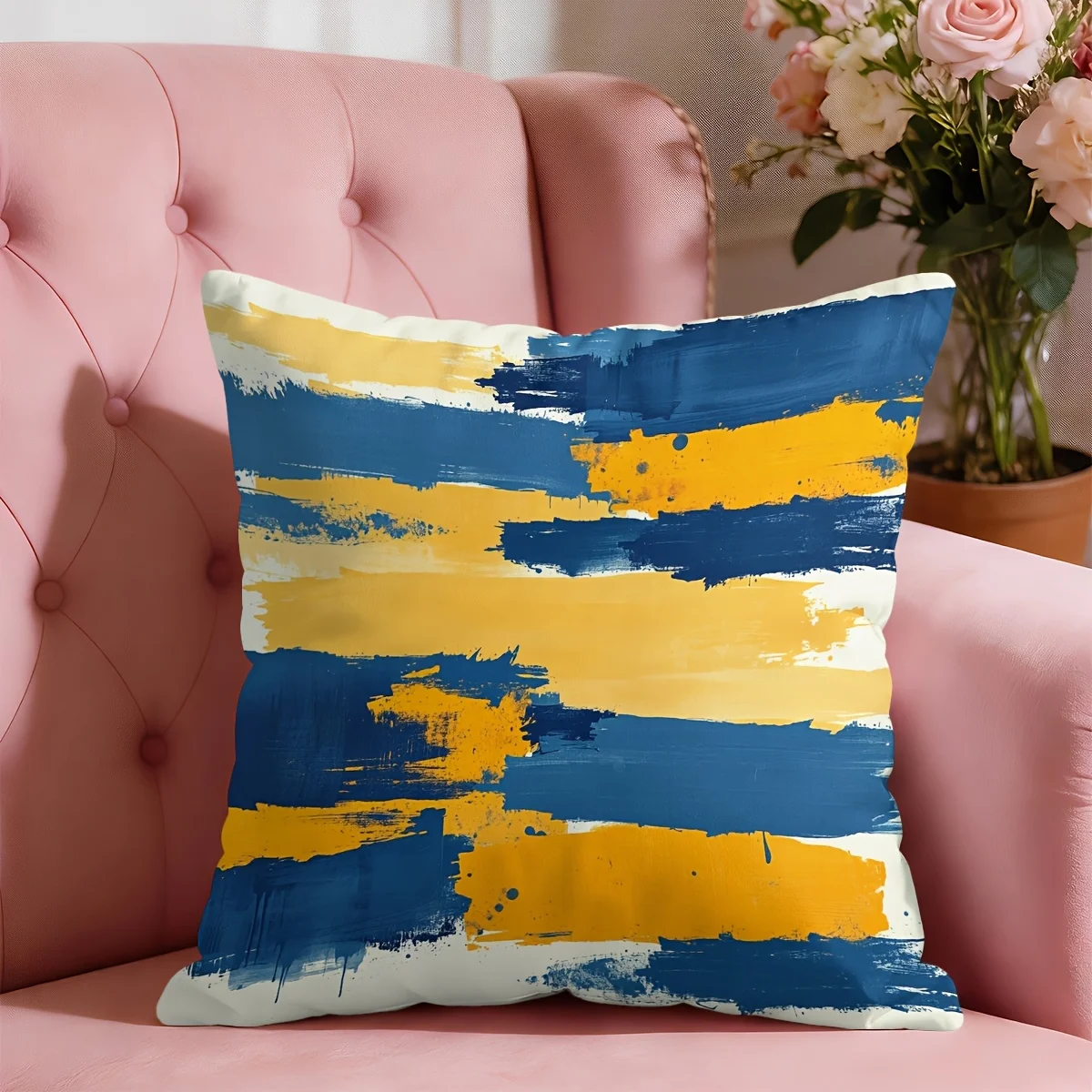 Blue Yellow Abstract Brushstroke Pillow Cover 18x18 Inch Polyester Zipper Machine Washable Modern Decor Sofa Bed