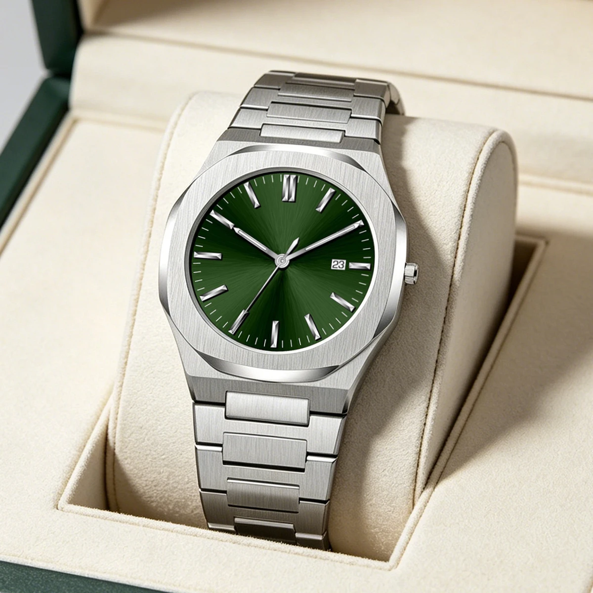 Men's Green Sunburst Dial Watch Silver Stainless Steel Band Minimalist Casual Quartz Wristwatch with Date  Black Watch