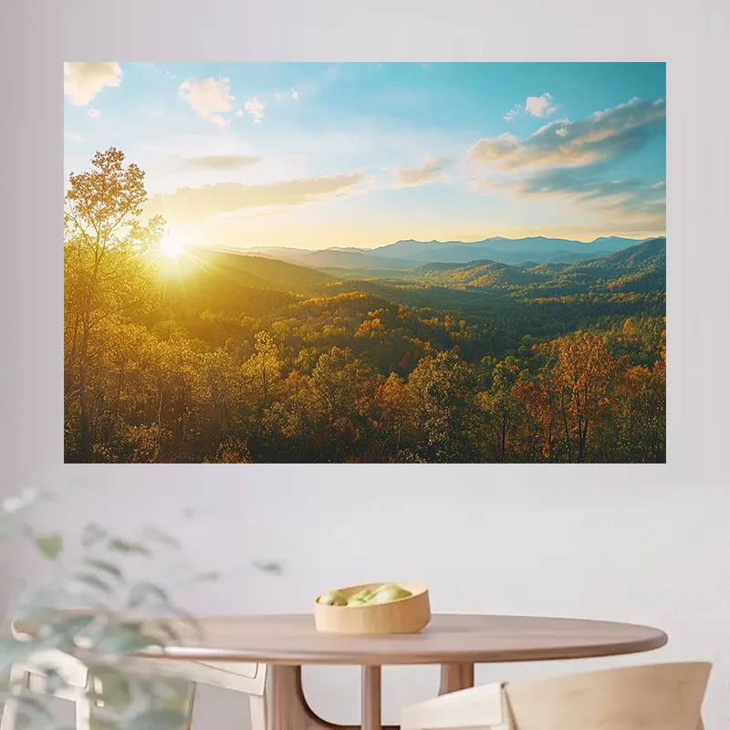 1pc Golden Sunrise Mountain Landscape Tapestry - Vibrant Autumn Forest with Warm Sunlight, Polyester Wall Hanging for Home, Part