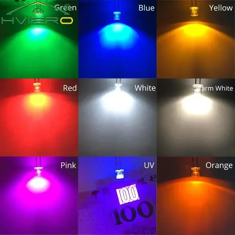 100pc Min F5 5mm Flat Top White Red Pink Yellow Blue Wide Angle Light Diode Water Clear LED Bead Ultra Bright Bulb Emitting Lamp