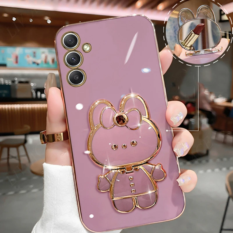 Rabbit Mirror Phone Holder Case On For Samsung Galaxy A25 A35 A55 A54 A34 A03 A03 A13 A14 A15 A01 A02 A03 A04 A05 4G 5G Cover