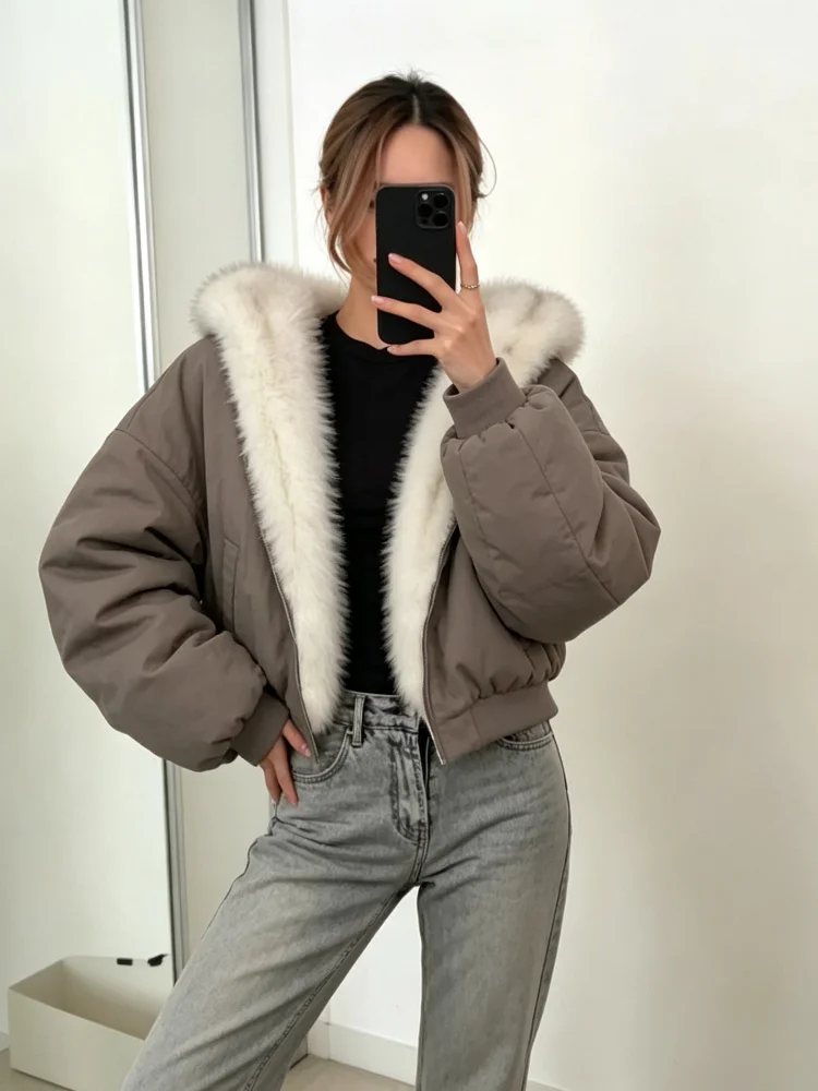 Reversible Faux Fur Hooded Jacket Women Zip Up Oversized Cropped Bomber Coat 2 Ways Wear 2026 Winter Casual Street Outerwear