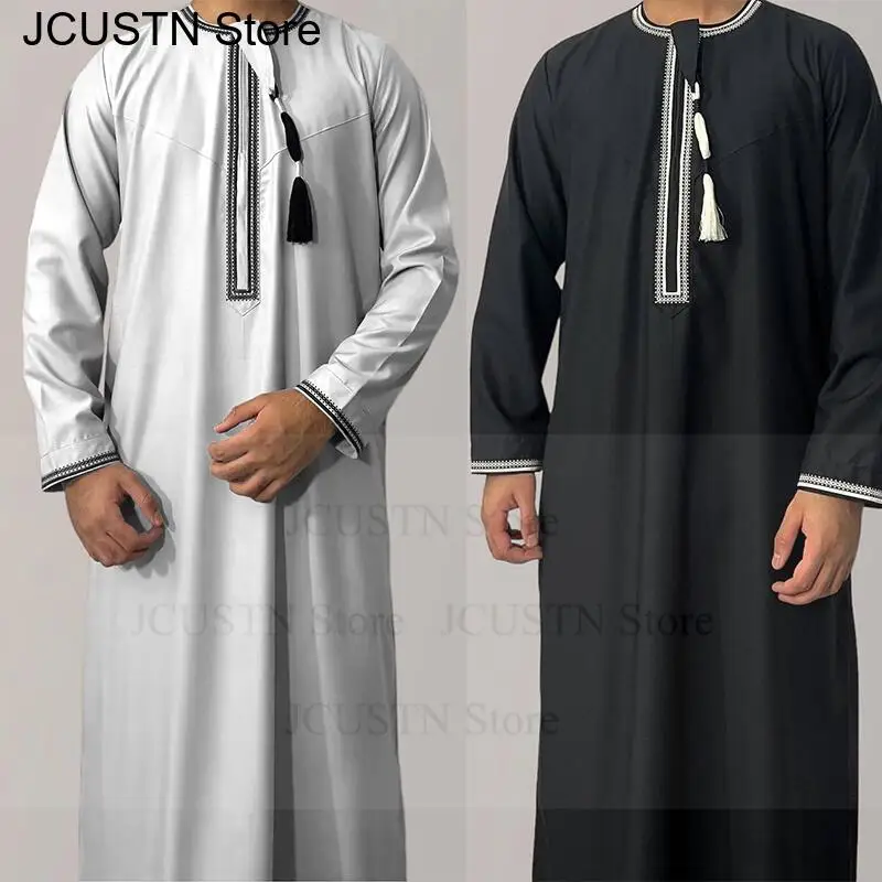 Muslim Men Long Sleeve Pullover Dress Aman Abaya Jubba Thobe for Men Saudi Arab Kaftan Islam Clothing Rayer Robe Afghan Male