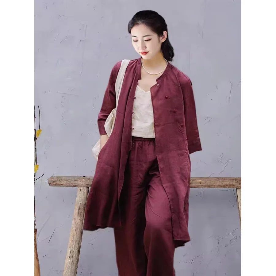 

Шикарный комплект Ханьфу из чистого хлопка для женщин: летний традиционный китайский льняной костюм-двойка с косым воротником для дзен-медитации