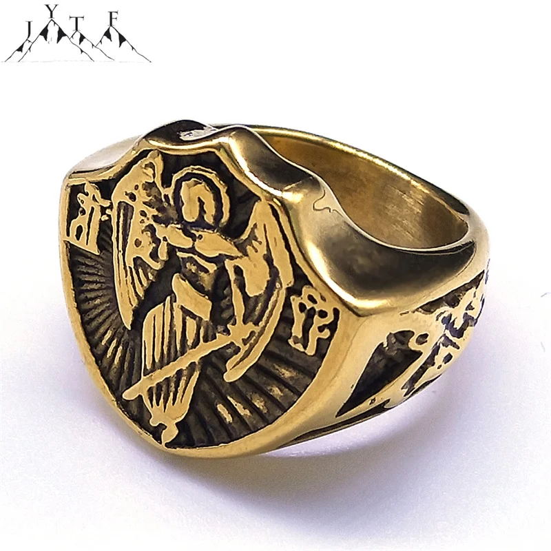 

Vintage Catholic Saint Michael Protection Rings for Men Stainless Steel Gold Plated Archangel Boyfriend Jewelry Gifts RRR459S05