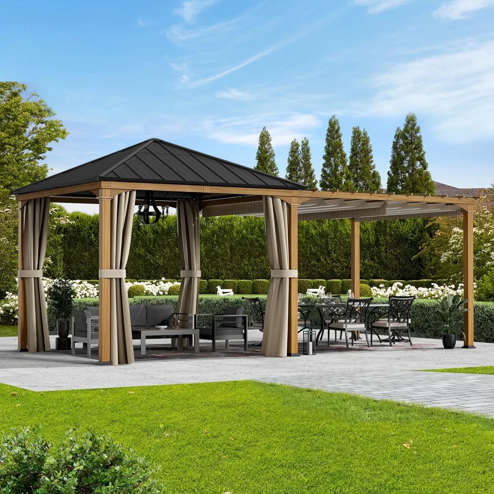 

Wood Gazebo Pergola Hybrid Gazebo with Adjustable Shade Fabric, Hardtop Roof with Privacy Curtains, for Patio or Garden